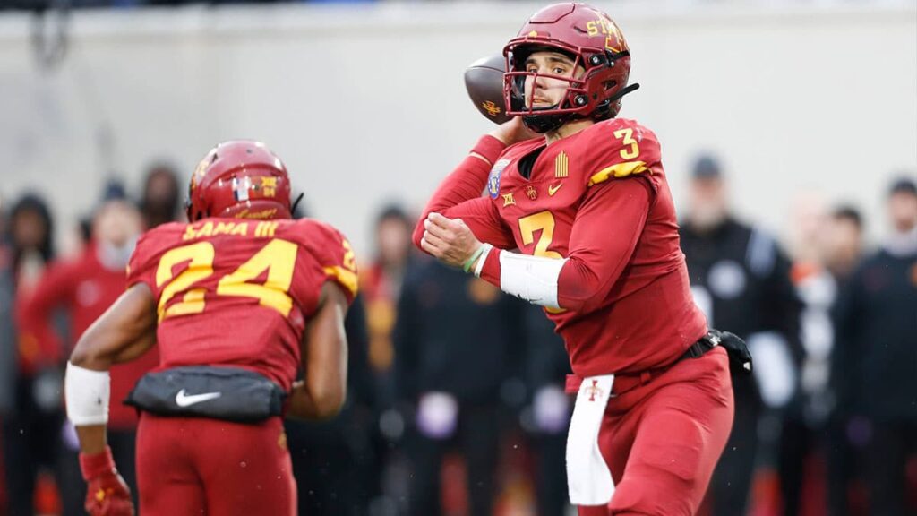 Iowa State's Rocco Becht (3) throws the ball during the game between the University of Memphis and Iowa State University in the AutoZone Liberty Bowl at Simmons Bank Liberty Stadium on Dec. 29, 2023.