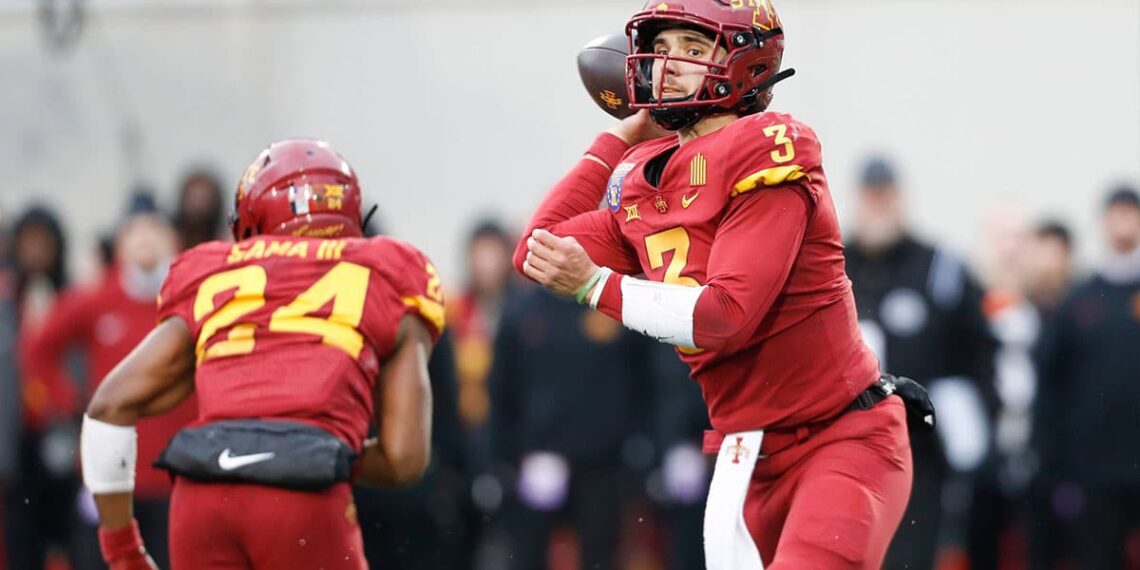 Iowa State's Rocco Becht (3) throws the ball during the game between the University of Memphis and Iowa State University in the AutoZone Liberty Bowl at Simmons Bank Liberty Stadium on Dec. 29, 2023.