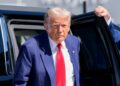 Republican presidential nominee former President Donald Trump arrives at Harry Reid International Airport to board a plane after a campaign trip, Saturday, Sept.14, 2024, in Las Vegas. (AP Photo/Alex Brandon)