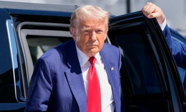 Republican presidential nominee former President Donald Trump arrives at Harry Reid International Airport to board a plane after a campaign trip, Saturday, Sept.14, 2024, in Las Vegas. (AP Photo/Alex Brandon)