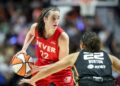 Indiana Fever guard Caitlin Clark (22) possesses the ball during the first half against the Connecticut Sun during game two of the first round of the 2024 WNBA Playoffs at Mohegan Sun Arena.