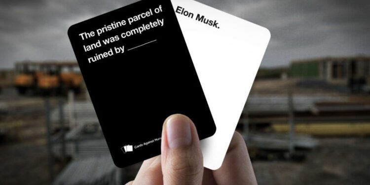 A mockup of two cards in the style of the Cards Against Humanity game. One card says