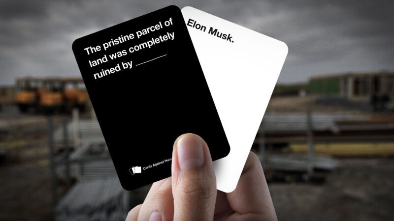 A mockup of two cards in the style of the Cards Against Humanity game. One card says 