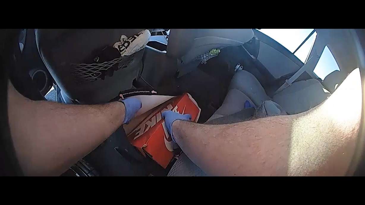 Body camera footage shows Utah Highway Patrol troopers’ discovery of drugs inside a shoebox following a traffic stop along I-15 in Oct. 2023.