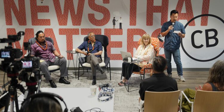 Blaze Lovell, from left, Dean Baquet and Patti Epler are introduced by Ben Nishimoto for a Civil Cafe Wednesday, July 10, 2024, in Honolulu. (Kevin Fujii/Civil Beat/2024)