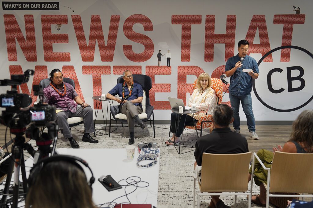 Blaze Lovell, from left, Dean Baquet and Patti Epler are introduced by Ben Nishimoto for a Civil Cafe Wednesday, July 10, 2024, in Honolulu. (Kevin Fujii/Civil Beat/2024)