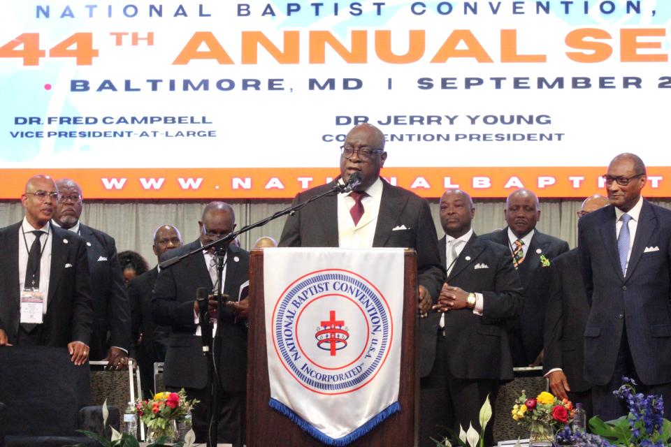 Connecticut pastor Rev. Boise Kimber, president-elect of the National Baptist Convention, USA, addresses the convention following his victory in a high-stakes election during the convention's 2024 annual session at the Baltimore Convention Center on Thursday, Sept. 5, 2024.