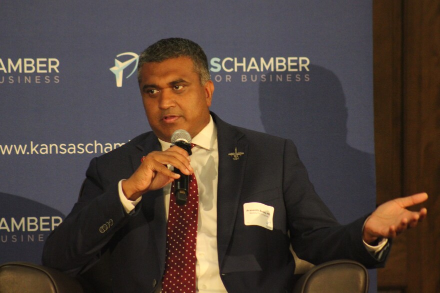 Dr. Prasanth Reddy, a Republican running for the U.S. 2nd District in Kansas, speaks on Wednesday at a forum hosted by the Kansas Chamber in Topeka. Reddy faces Democratic incumbent Sharice Davids, who did not attend the event due to a scheduling conflict.