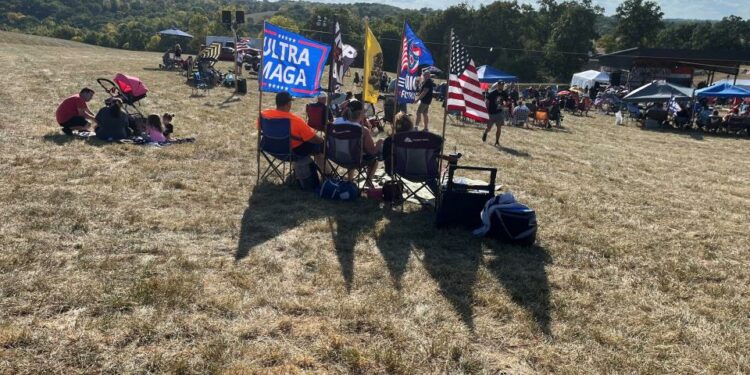 Donald Trump supporters listen to speakers at the Freedom Fest political rally in Morning View, Kentucky,