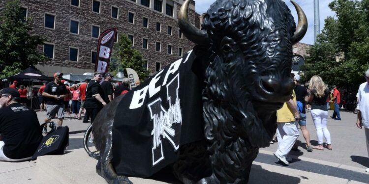 Sep 7, 2019; Boulder, CO, USA; General view of a statue of the mascot for the Colorado Buffaloes before the game against the Nebraska Cornhuskers at Folsom Field. Mandatory Credit: Ron Chenoy-USA TODAY Sports