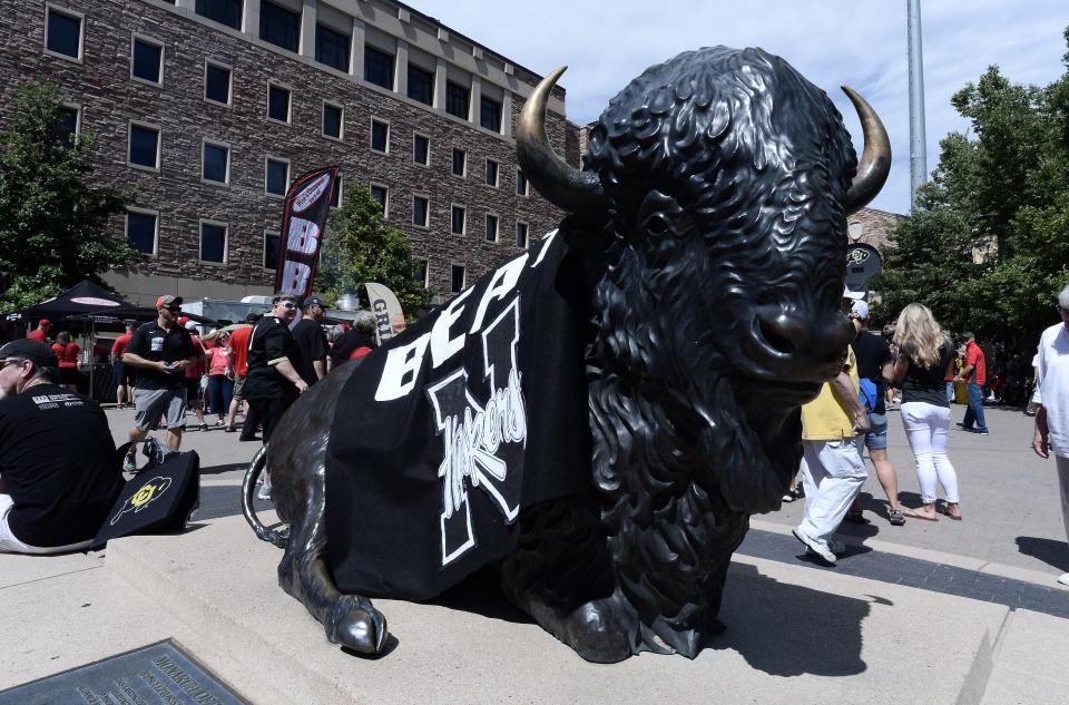 Sep 7, 2019; Boulder, CO, USA; General view of a statue of the mascot for the Colorado Buffaloes before the game against the Nebraska Cornhuskers at Folsom Field. Mandatory Credit: Ron Chenoy-USA TODAY Sports