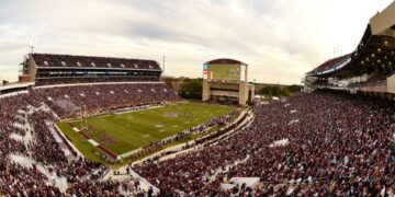 Nov 8, 2014; Starkville, MS, USA; General view of Davis Wade Stadium during the UT Martin Skyhawks game against the Mississippi State Bulldogs in the second quarter. Mandatory Credit: John David Mercer-USA TODAY Sports