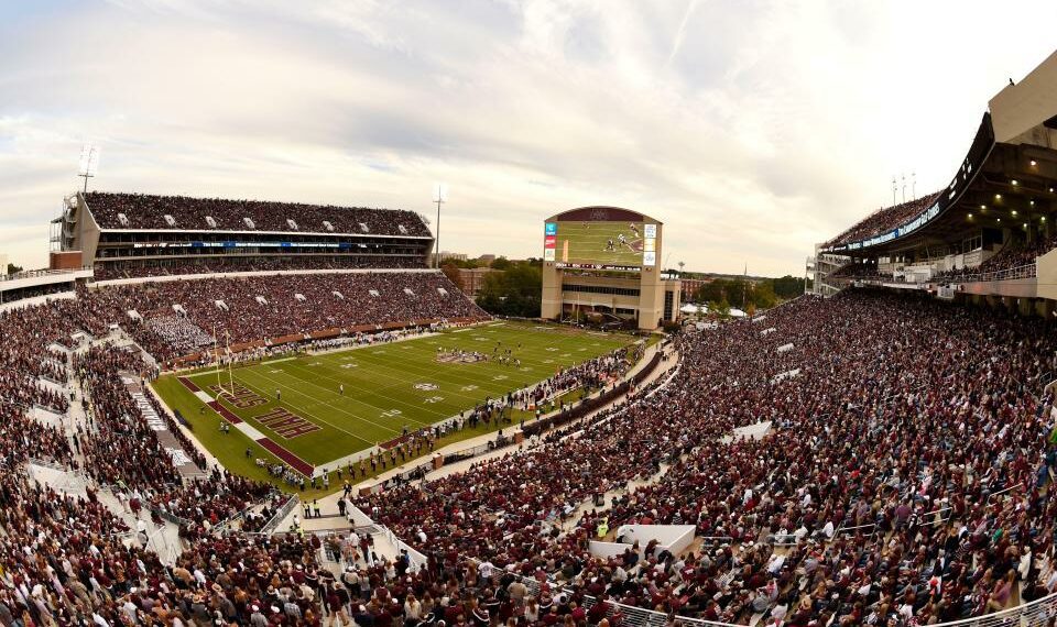 Nov 8, 2014; Starkville, MS, USA; General view of Davis Wade Stadium during the UT Martin Skyhawks game against the Mississippi State Bulldogs in the second quarter. Mandatory Credit: John David Mercer-USA TODAY Sports