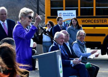 Sen. Elizabeth Warren speaks at an event in Worcester to celebrate a grant that will help the city purchase electric school buses.