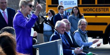 Sen. Elizabeth Warren speaks at an event in Worcester to celebrate a grant that will help the city purchase electric school buses.