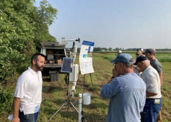 Men talk next to a weather station.