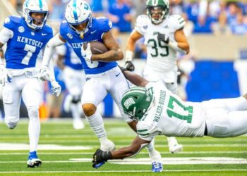 Ohio defensive end Marcel Walker-Burgess (17) tries to tackle Kentucky wide receiver Dane Key (6) during Saturday’s game at Kroger Field.