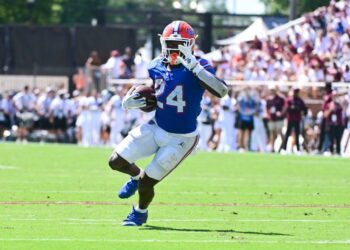 Sep 21, 2024; Starkville, Mississippi, USA; Florida Gators running back Ja'Kobi Jackson (24) runs the ball against the Mississippi State Bulldogs during the second quarter at Davis Wade Stadium at Scott Field. Mandatory Credit: Matt Bush-Imagn Images