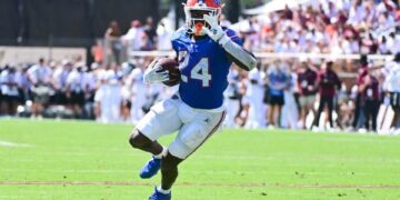 Sep 21, 2024; Starkville, Mississippi, USA; Florida Gators running back Ja'Kobi Jackson (24) runs the ball against the Mississippi State Bulldogs during the second quarter at Davis Wade Stadium at Scott Field. Mandatory Credit: Matt Bush-Imagn Images