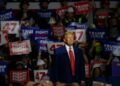 Former president Donald Trump speaks to supporters during a campaign rally in Johnstown, Pa.