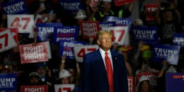 Former president Donald Trump speaks to supporters during a campaign rally in Johnstown, Pa.