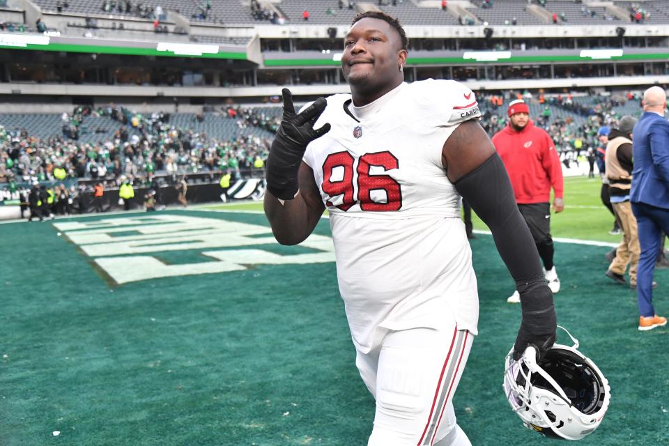 Dec 31, 2023; Philadelphia, Pennsylvania, USA; Arizona Cardinals defensive tackle Naquan Jones (96) against the Philadelphia Eagles at Lincoln Financial Field. Mandatory Credit: Eric Hartline-USA TODAY Sports