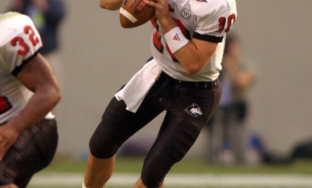 Josh Haldi looks to pass during Northern Illinois' upset of Alabama on Sept. 20, 2003. (Northern Illinois University)