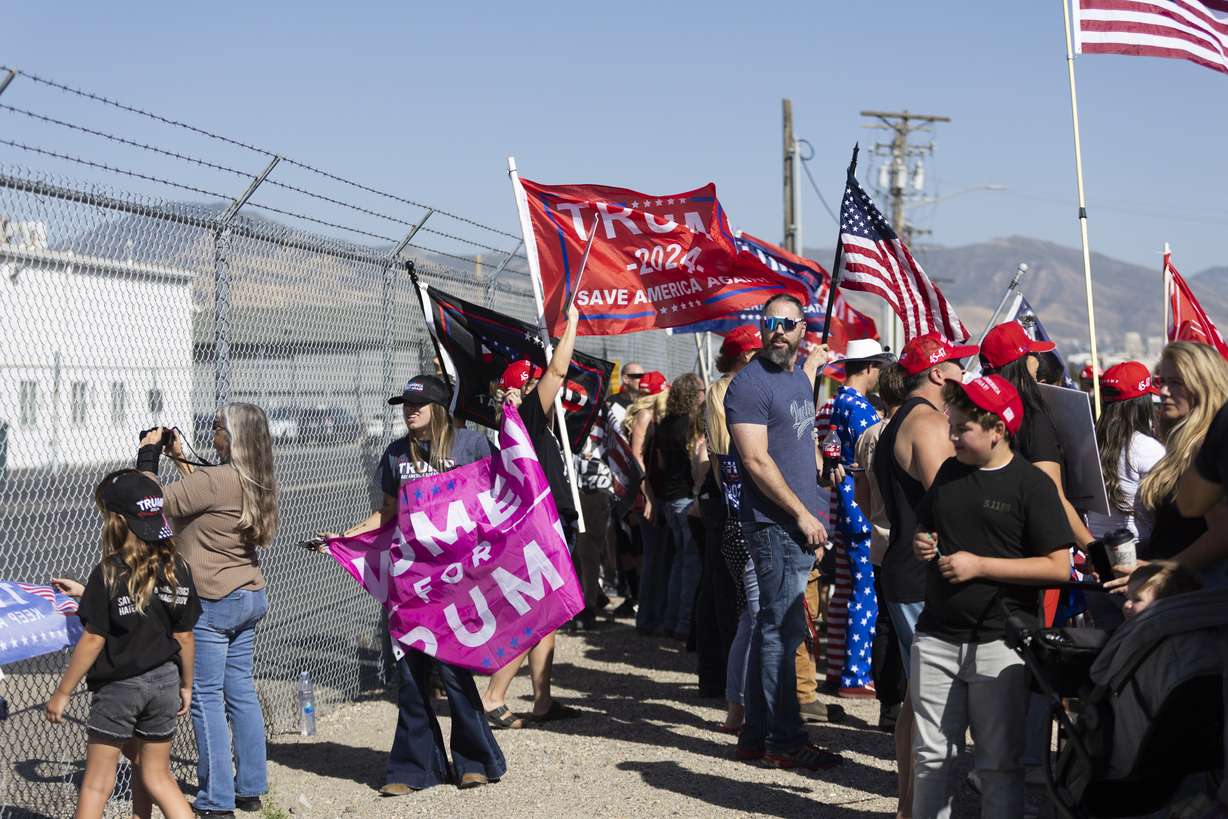 Trump supporters gather to watch Donald Trump’s plane land at Salt Lake City International Airport for a private fundraiser in Salt Lake City on Saturday.