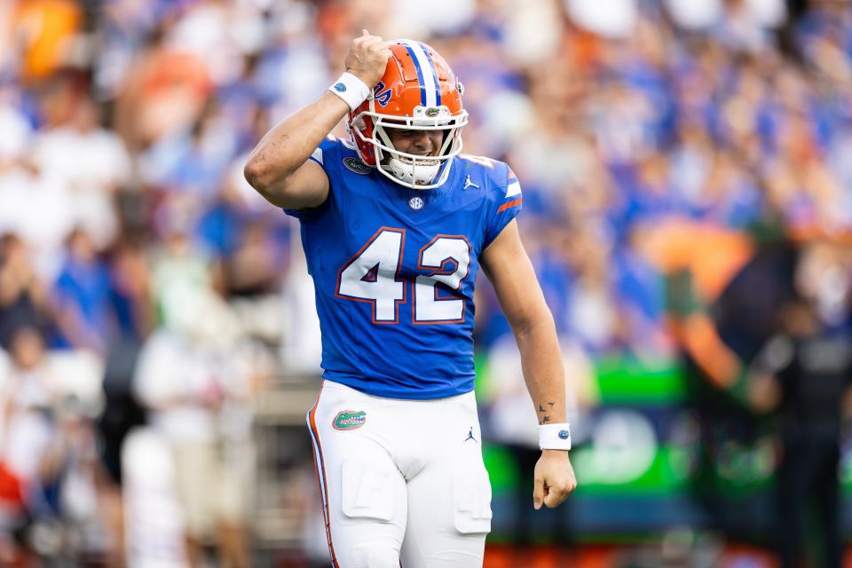 Aug 31, 2024; Gainesville, Florida, USA; Florida Gators long snapper Rocco Underwood (42) celebrates a tackle against the Miami Hurricanes during the second half at Ben Hill Griffin Stadium. Mandatory Credit: Matt Pendleton-USA TODAY Sports