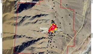 Figure 1: Dixie Comstock gold project claim boundary and drill hole location map showing grade x thickness (CNW Group/Getchell Gold Corp.)