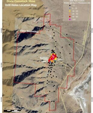 Figure 1: Dixie Comstock gold project claim boundary and drill hole location map showing grade x thickness (CNW Group/Getchell Gold Corp.)