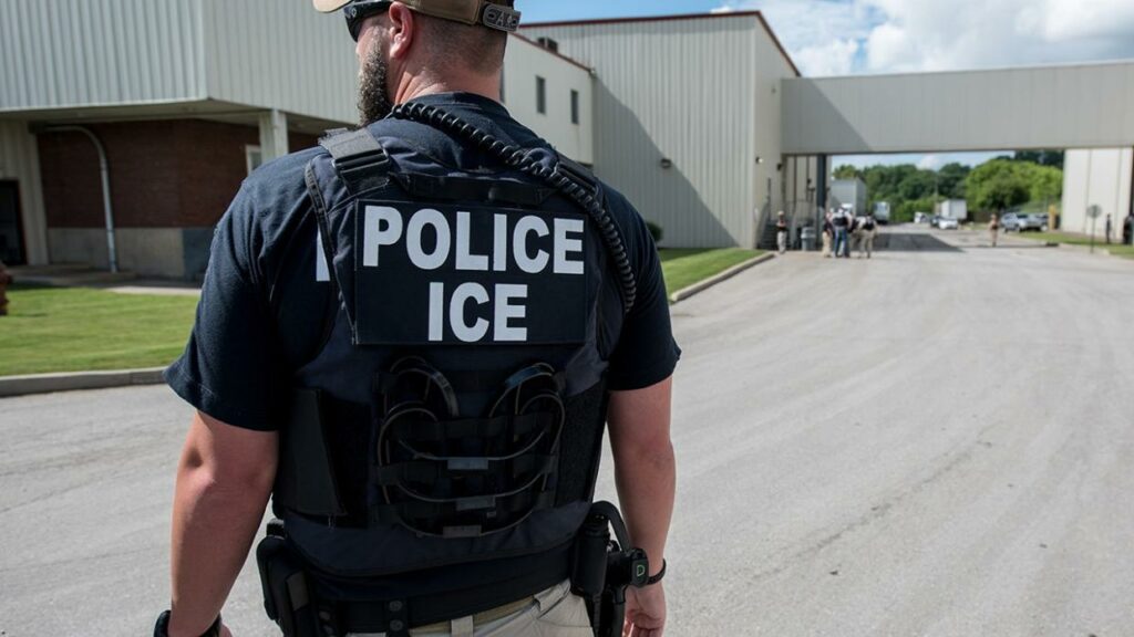 ICE agent seen from behind in front of building