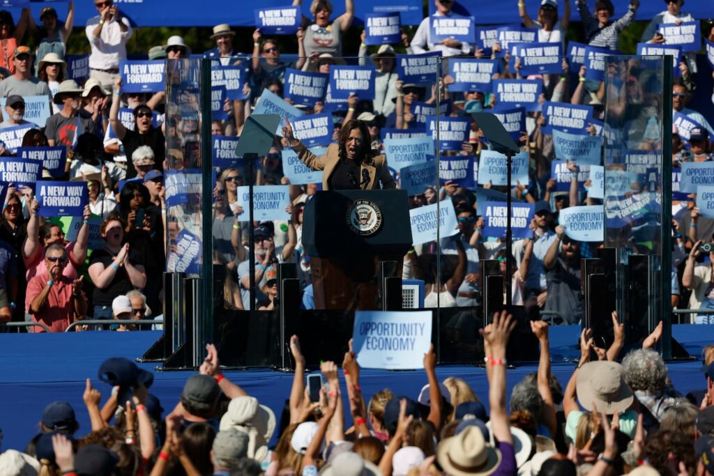 Vice President Kamala Harris spoke during a campaign event at Throwback Brewery in North Hampton, N.H., on Wednesday.