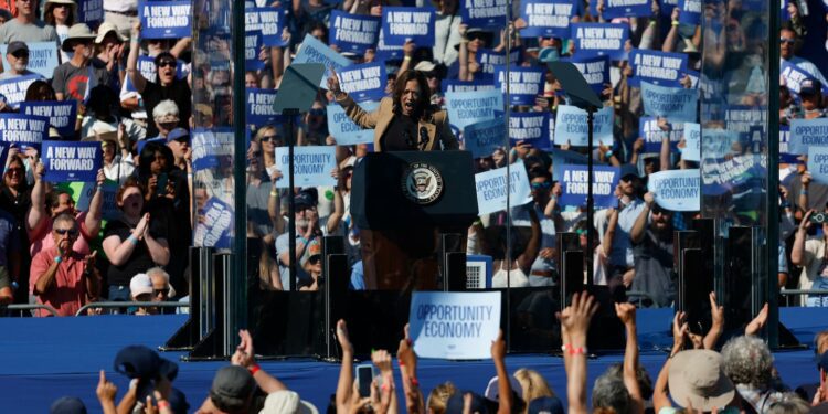 Vice President Kamala Harris spoke during a campaign event at Throwback Brewery in North Hampton, N.H., on Wednesday.