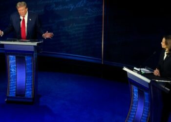 Republican presidential nominee former President Donald Trump and Democratic presidential nominee Vice President Kamala Harris participate during an ABC News presidential debate at the National Constitution Center, Tuesday, Sept.10, 2024, in Philadelphia.