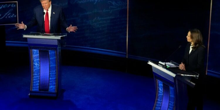 Republican presidential nominee former President Donald Trump and Democratic presidential nominee Vice President Kamala Harris participate during an ABC News presidential debate at the National Constitution Center, Tuesday, Sept.10, 2024, in Philadelphia.