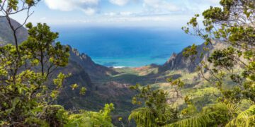 The Kalalau Valley between sheer cliffs in the Na Pali Coast State Park on the western shore of the island of Kauai in Hawaii, United States. This view is from the Pihea Trail in the Kokee State Park.