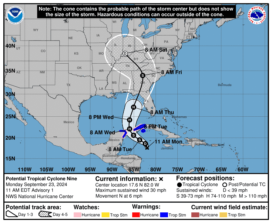 The forecast track of Potential Tropical Cyclone Nine, which is expected to become Tropical Storm and then Hurricane Helene over the next couple of days.