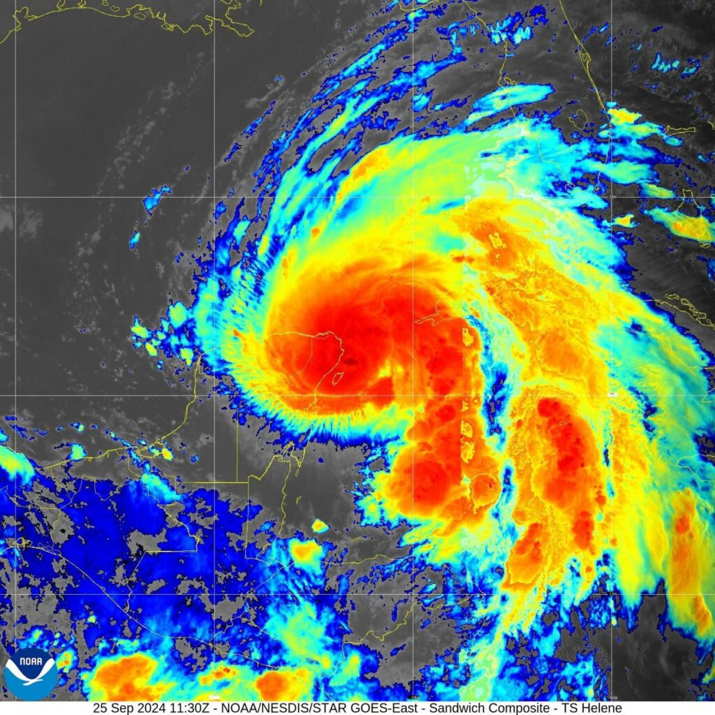 Tropical Storm Helene is close to hurricane strength 8 a.m. Sept. 25, 2024, with winds at 70 mph.