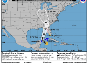 The National Hurricane Center's forecast cone for Tropical Storm Helene as of Sept. 24, 2024, at 2 p.m.