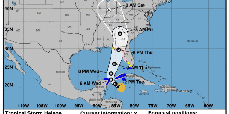 The National Hurricane Center's forecast cone for Tropical Storm Helene as of Sept. 24, 2024, at 2 p.m.