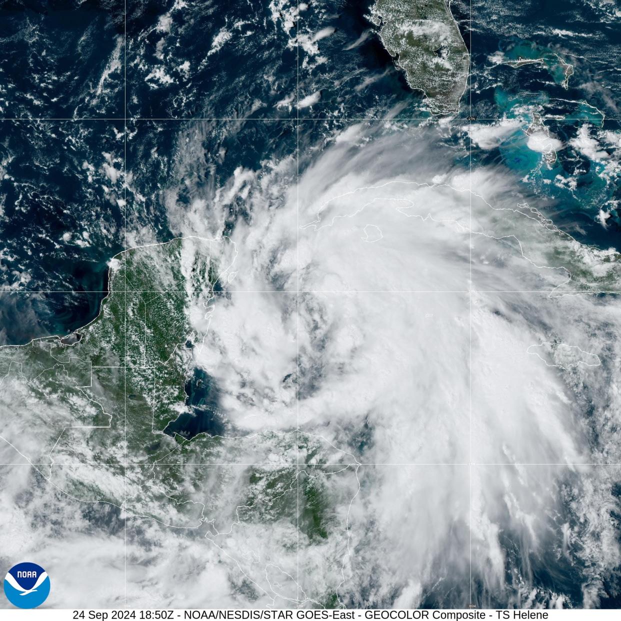 Tropical Storm Helene on satellite in the western Caribbean on Sept. 24, 2024.