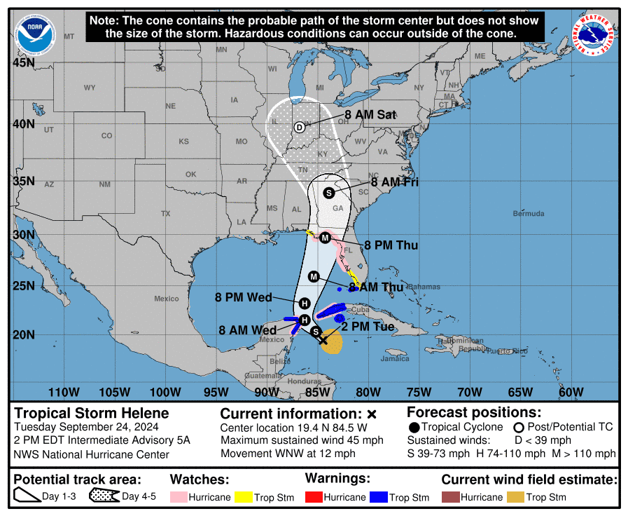 The National Hurricane Center's forecast cone for Tropical Storm Helene as of Sept. 24, 2024, at 2 p.m.