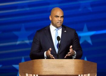 Rep. Colin Allred, D-Texas, addresses the Democratic National Convention in Chicago on Aug. 22, 2024.