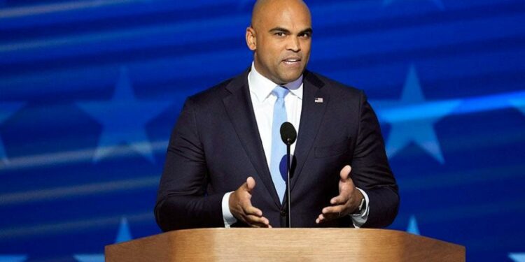 Rep. Colin Allred, D-Texas, addresses the Democratic National Convention in Chicago on Aug. 22, 2024.