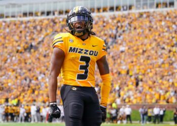 Sep 14, 2024; Columbia, Missouri, USA; Missouri Tigers wide receiver Luther Burden III (3) celebrates after scoring a touchdown against the Boston College Eagles during the first half at Faurot Field at Memorial Stadium. Mandatory Credit: Denny Medley-Imagn Images