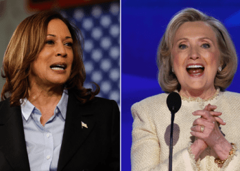 Kamala Harris and Hillary Clinton split image