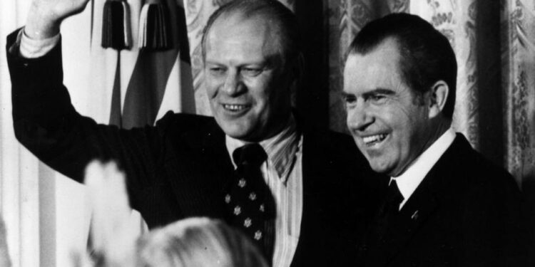 1973: Richard Nixon (right), the 37th President of the United States of America, with his Vice-President Gerald Ford. (Photo by Ian Showell/Keystone/Getty Images)