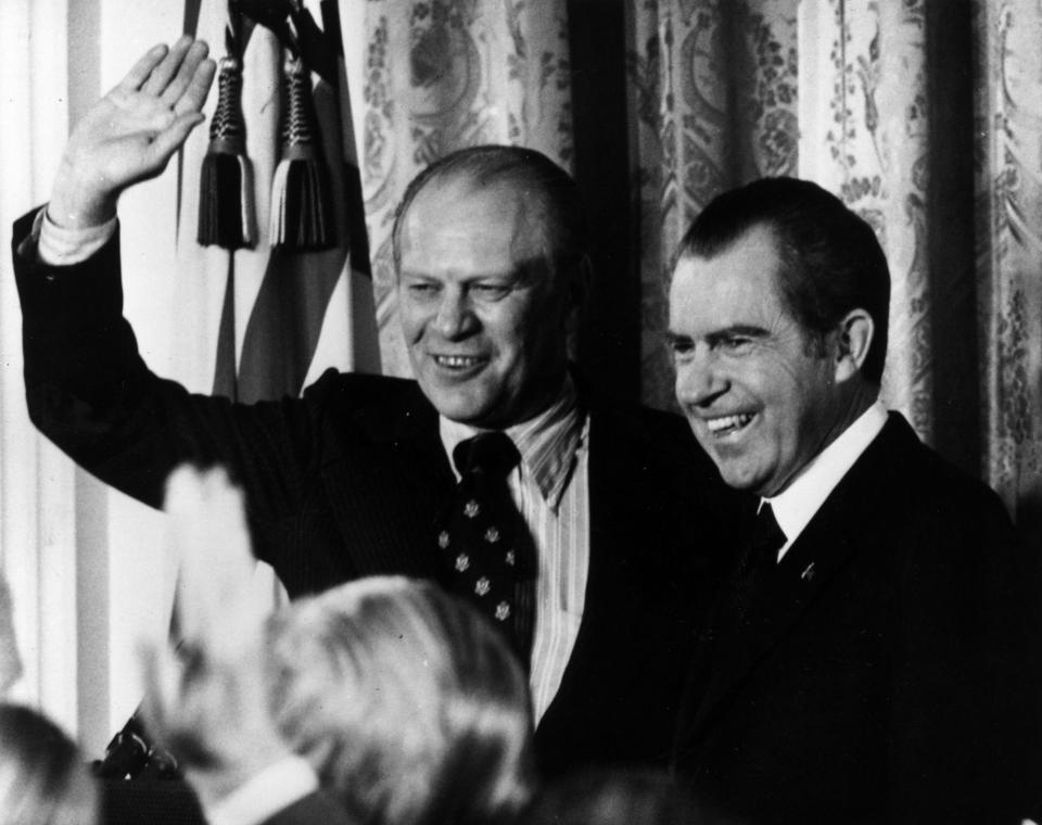 1973: Richard Nixon (right), the 37th President of the United States of America, with his Vice-President Gerald Ford. (Photo by Ian Showell/Keystone/Getty Images)