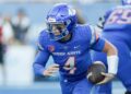 Sep 9, 2023; Boise, Idaho, USA; Boise State Broncos quarterback Maddux Madsen (4) during the second half of action versus the UCF Knights at Albertsons Stadium. UCF defeats Boise State 18-16. Mandatory Credit: Brian Losness-USA TODAY Sports